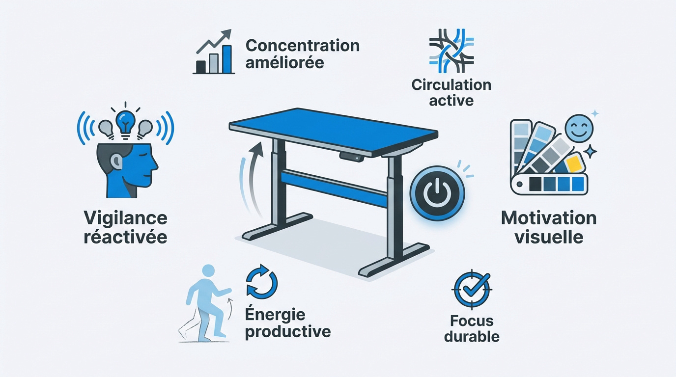 Infographie expliquant les bénéfices du bureau assis-debout pour la gestion du TDAH au travail
